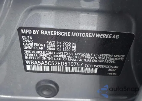 2014 BMW 528I from USA, damaged, VIN WBA5A5C52ED510757